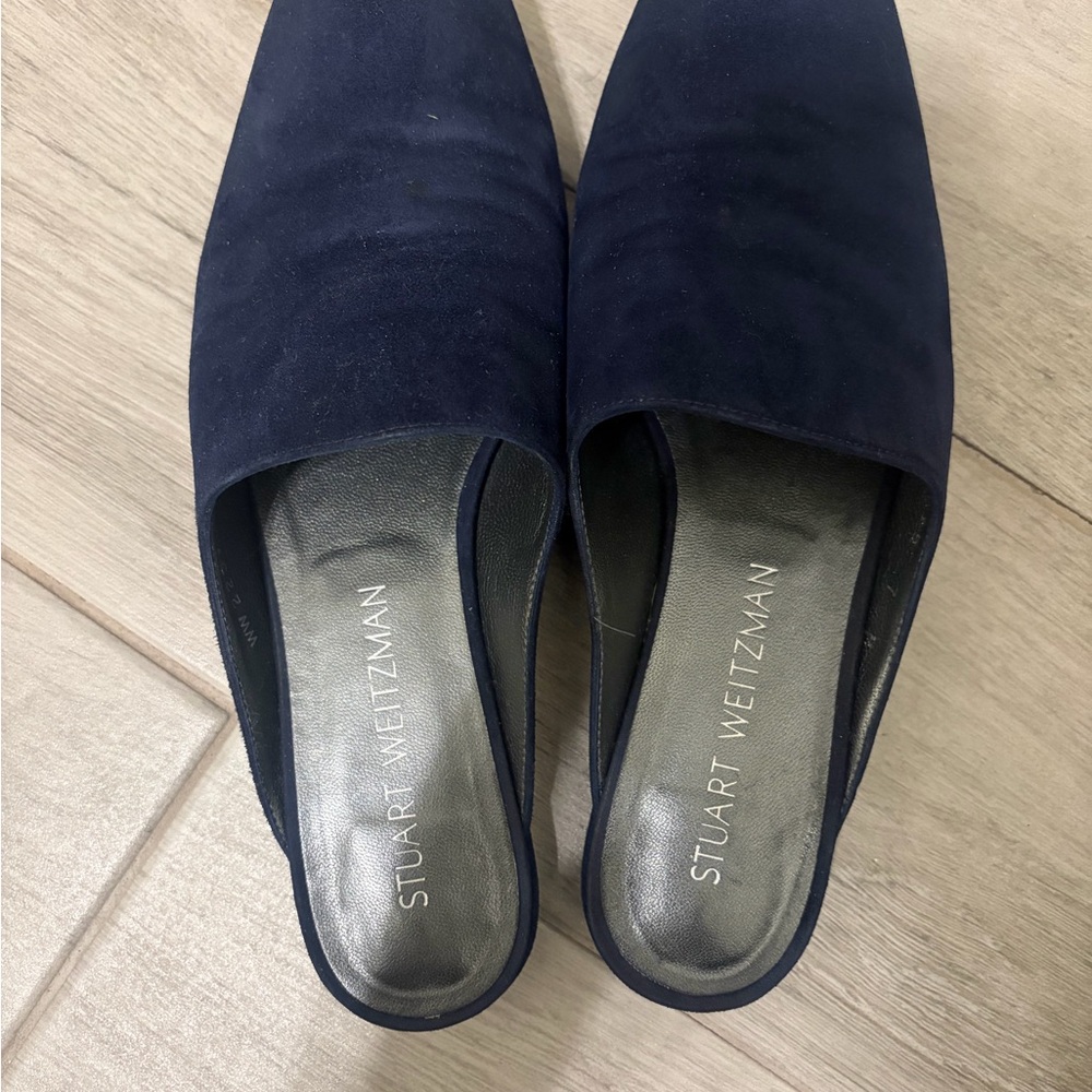 Stuart Weitzman Navy Suede Closed-Toe Slide Mules